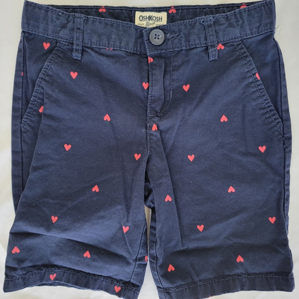 OshKosh Bgosh Girls' Chino Shorts, Blue with Pink Hearts, Size 5